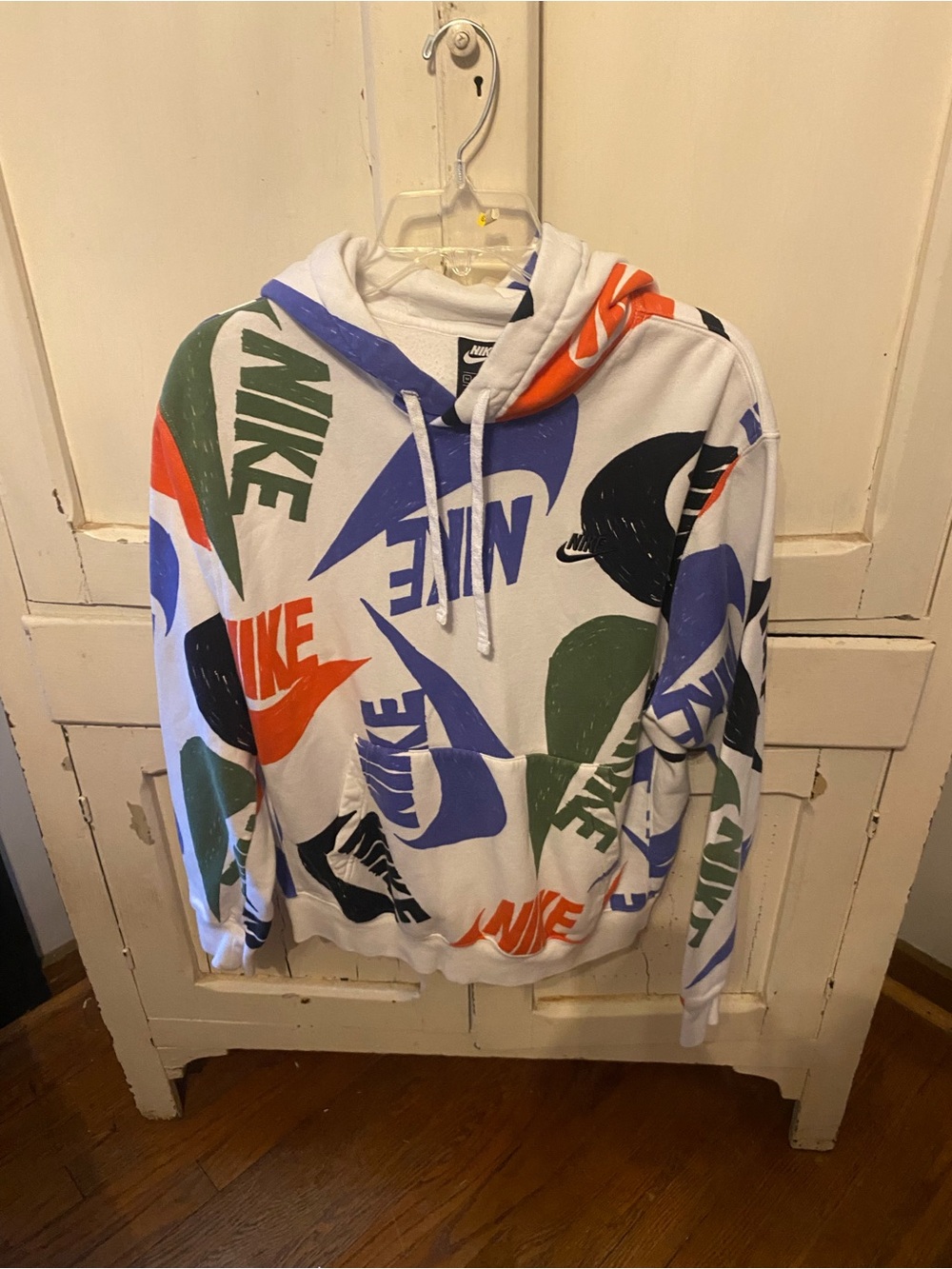 Nike White Hoodie with Multicolor Logo Print